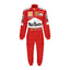Front view of Michael Schumacher’s 2004 F1 racing suit in vivid red with white detailing, capturing the power and confidence of his record-setting season.