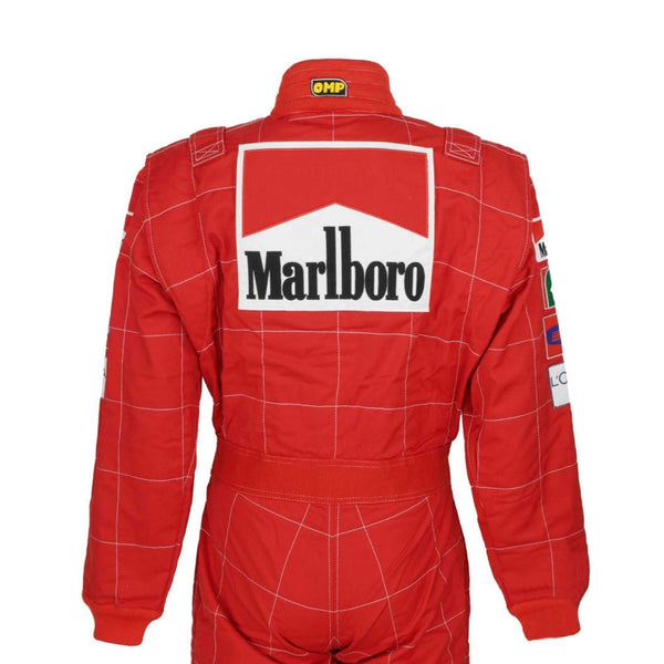 Backside of Schumacher’s 2004 F1 suit, featuring a bold red design accented by crisp white logos, reflecting his seventh world title glory.