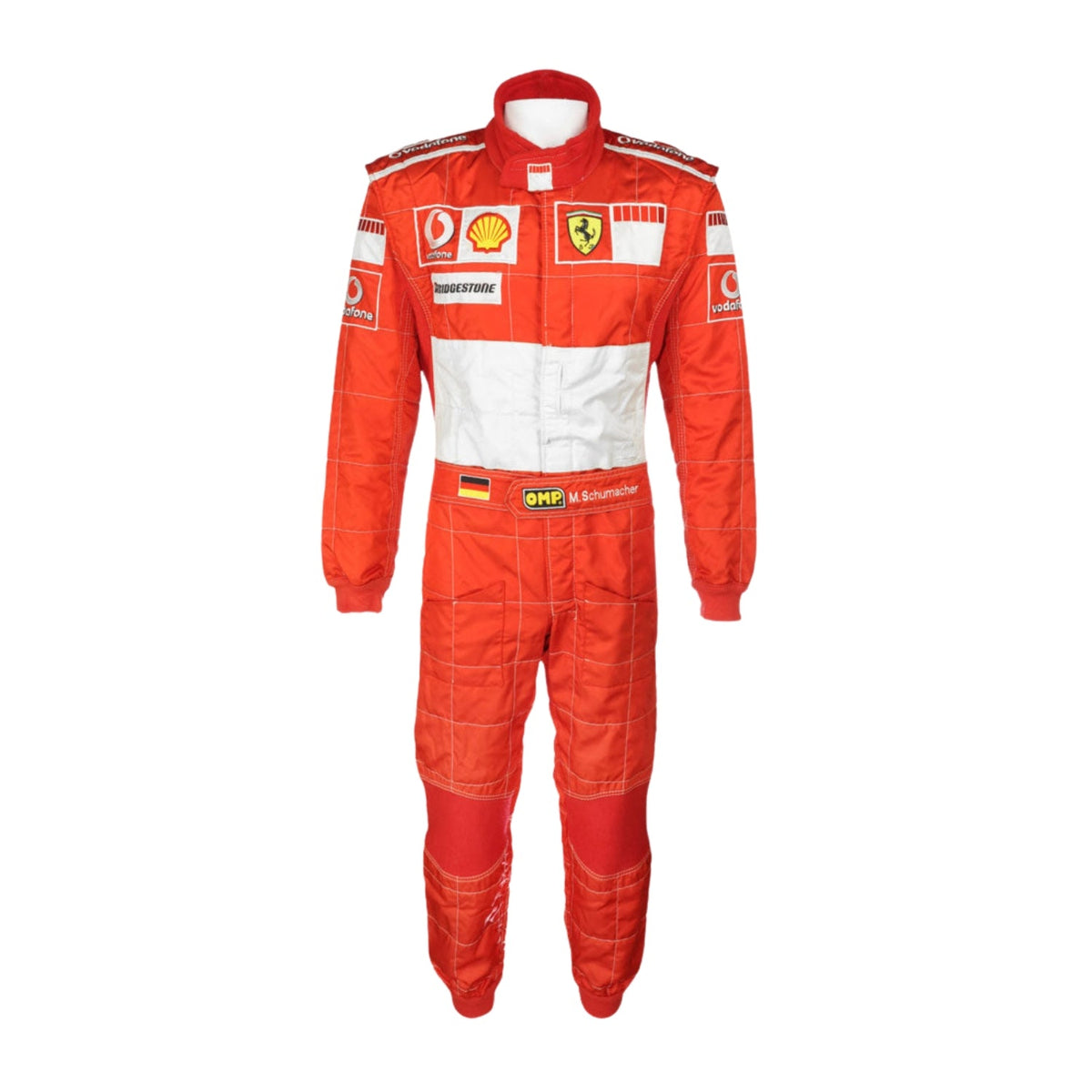 Front view of Michael Schumacher’s 2006 F1 racing suit in bold red with crisp white sponsor logos, representing his final full F1 season. Main image