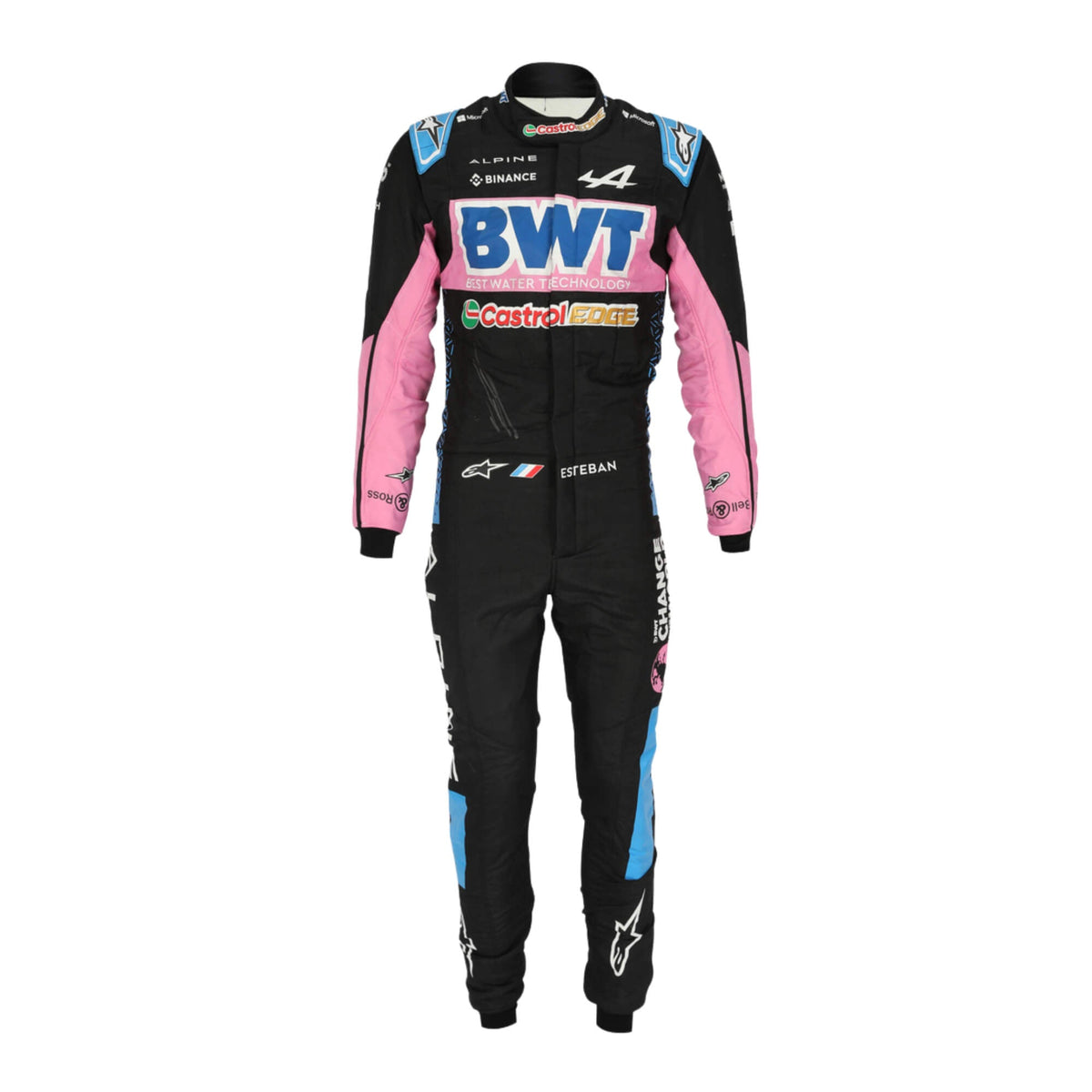 Front View of Esteban Ocon 2022 F1 racing suit, showcasing sleek design and sponsor logos. Main image