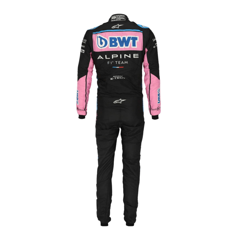 Rear view of Esteban Ocon 2022 F1 racing suit, focusing on breathable and flexible design.
