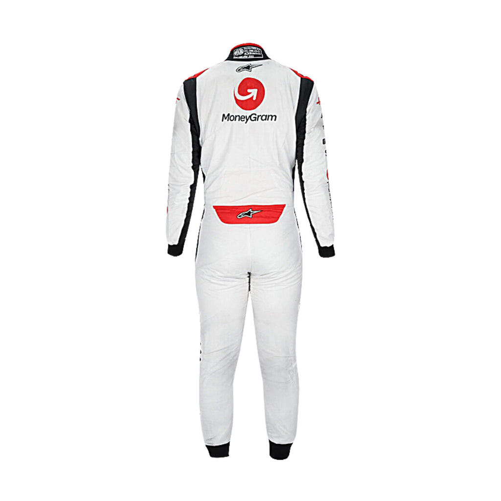 Back view of Kevin Magnussen 2023 F1 racing suit displaying precision stitching, flexible fabric, and a streamlined, racer-ready design in black, white, and red.