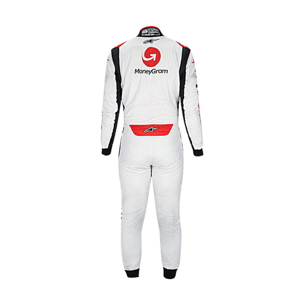 Back view of Kevin Magnussen 2023 F1 racing suit displaying precision stitching, flexible fabric, and a streamlined, racer-ready design in black, white, and red.