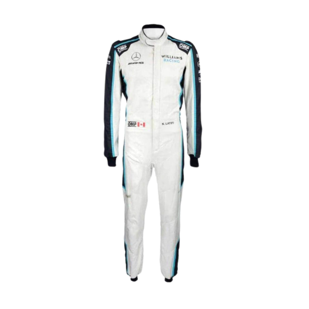 2021 Nicholas Latifi F1 Racing Suit Front View, Navy and White Design, Race-Ready Stitching