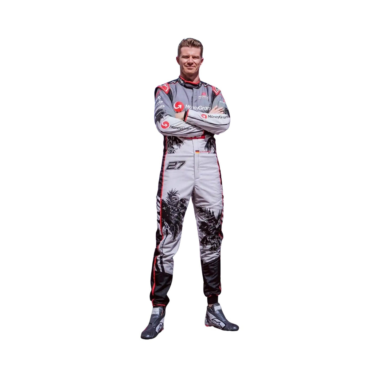 Nico Hülkenberg's 2023 Miami GP F1 racing suit front view featuring a white base with pastel palm tree patterns and sponsor logos, showcasing a unique and tropical design. Main image