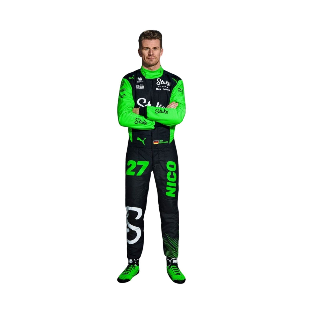 Front view of Nico Hülkenberg’s 2025 F1 racing suit in black, white, and teal, featuring race number 27 prominently displayed on the chest. Main image