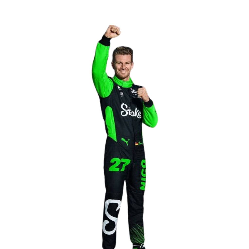 Front view of Nico Hülkenberg’s 2025 F1 racing suit in black, white, and teal, featuring race number 27 prominently displayed on the chest.