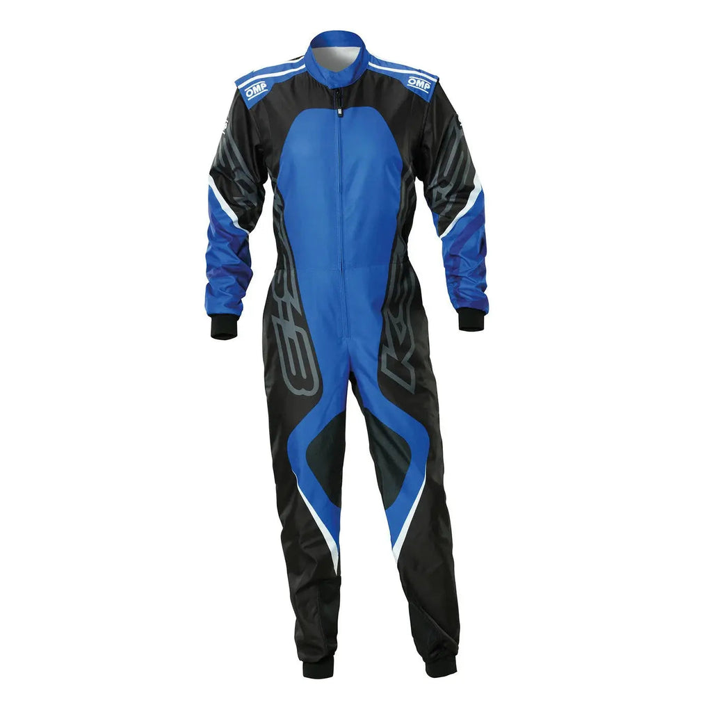 Black and blue racing suit with branding OMP Blue Kart Suit KS-3X ART Style 1 Youth Riches Hue