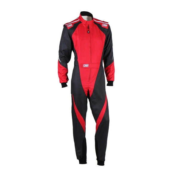 Front View of Red and black racing suit OMP Kart Suit KS-3X - FIA 88770 Riches Hue