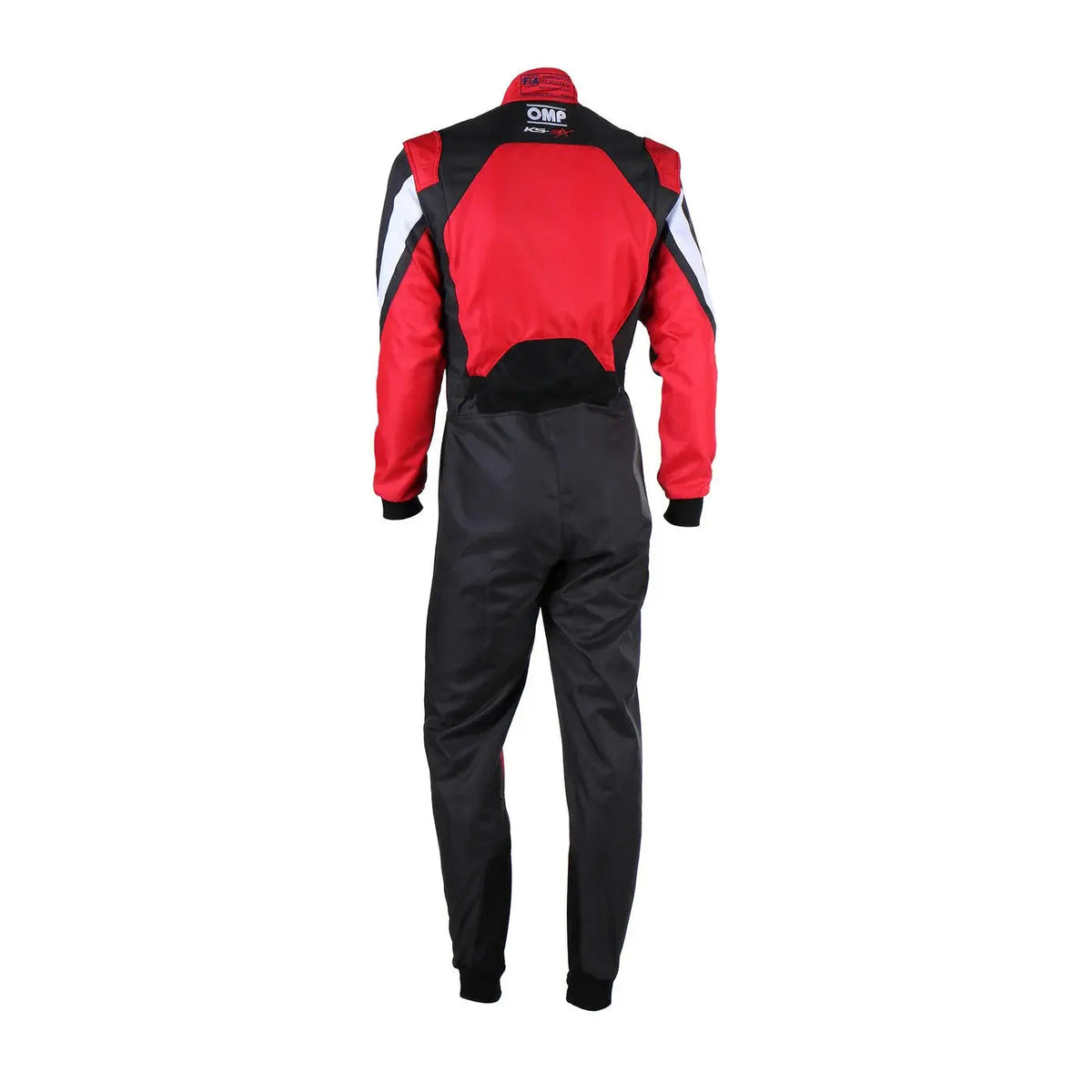 Back View of Red and black racing suit with visible branding OMP Kart Suit KS-3X - FIA 88770 Riches Hue