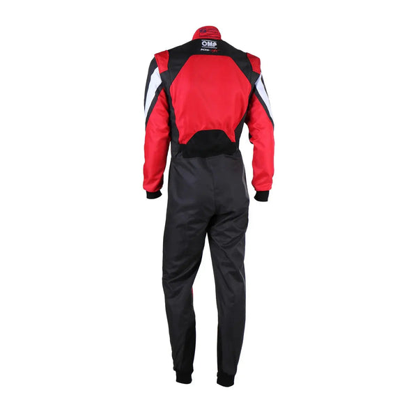 Back View of Red and black racing suit with visible branding OMP Kart Suit KS-3X - FIA 88770 Riches Hue