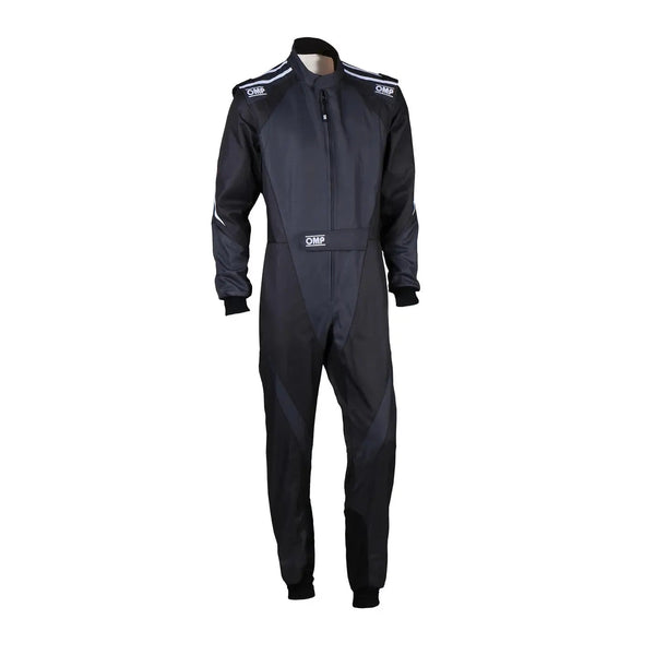 Front View Black racing suit with white accents OMP Kart Suit KS-3X - FIA 88770 Riches Hue