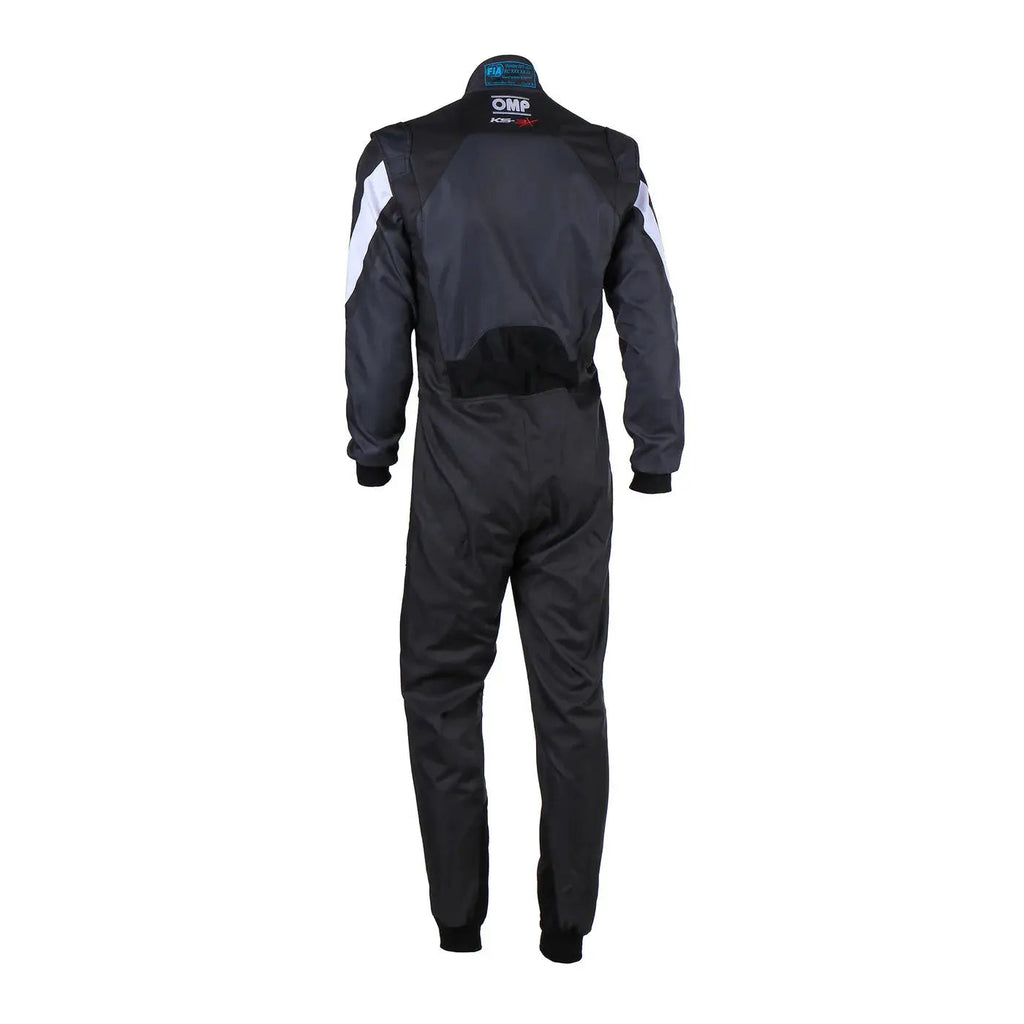 Back view of Black racing suit with white accents OMP Kart Suit KS-3X - FIA 88770 Riches Hue