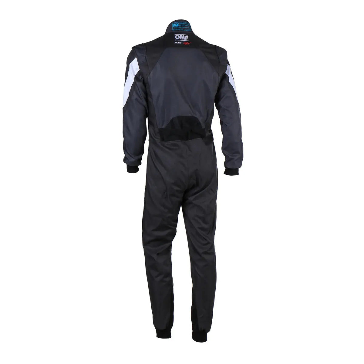 Back view of Black racing suit with white accents OMP Kart Suit KS-3X - FIA 88770 Riches Hue