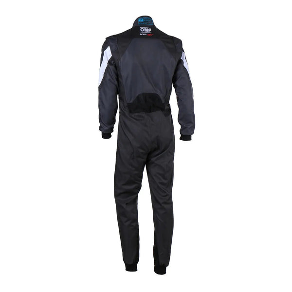 Back view of Black racing suit with white accents OMP Kart Suit KS-3X - FIA 88770 Riches Hue