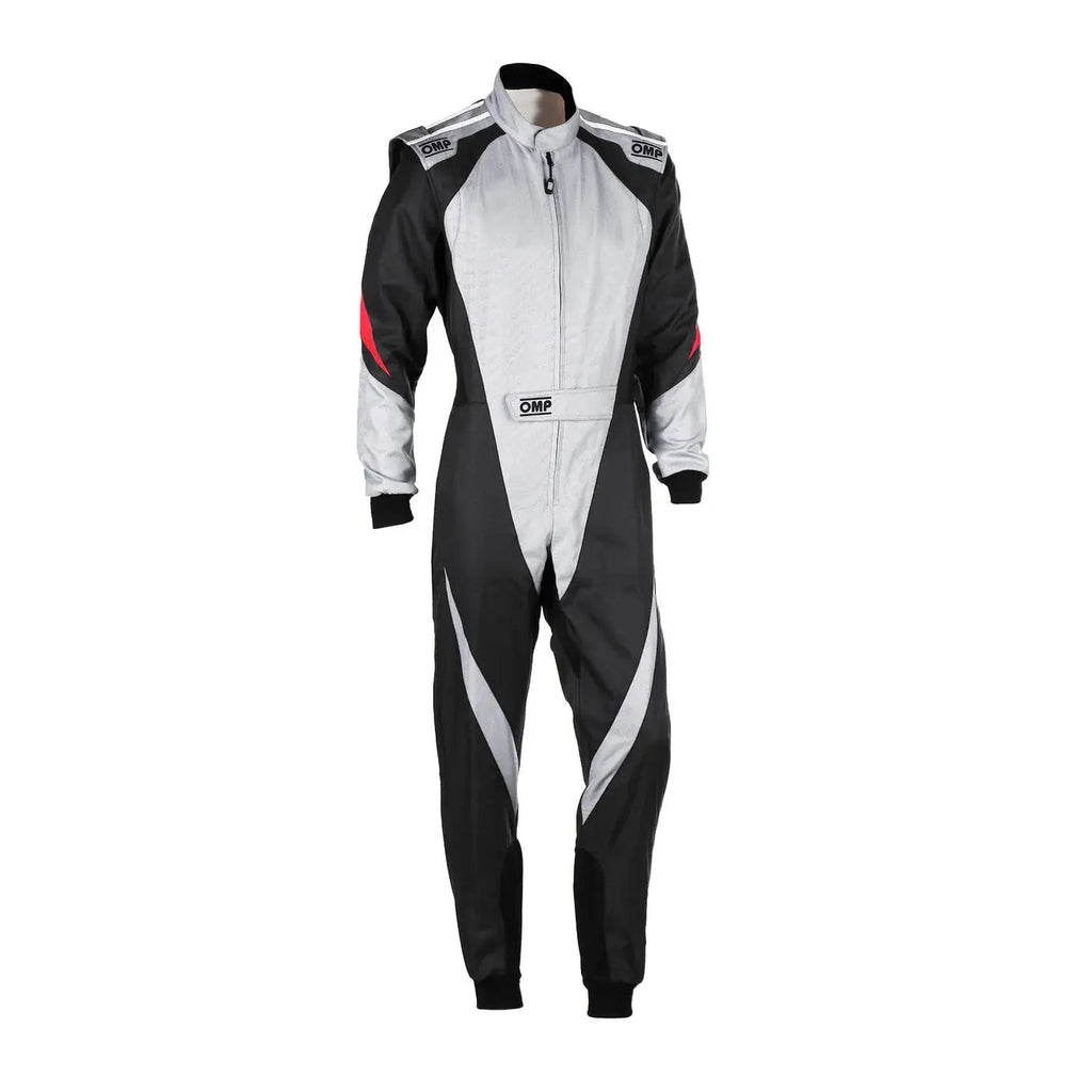 Front View of Black and white racing suit with red accents OMP Kart Suit KS-3X - FIA 88770 Riches Hue