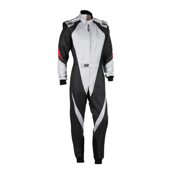 Front View of Black and white racing suit with red accents OMP Kart Suit KS-3X - FIA 88770 Riches Hue