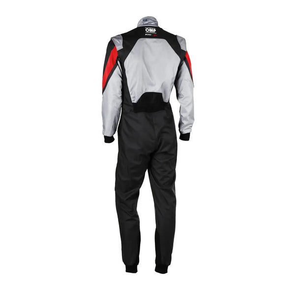 Race suit with red and gray accents, OMP Kart Suit KS-3X - FIA 88770 Riches Hue