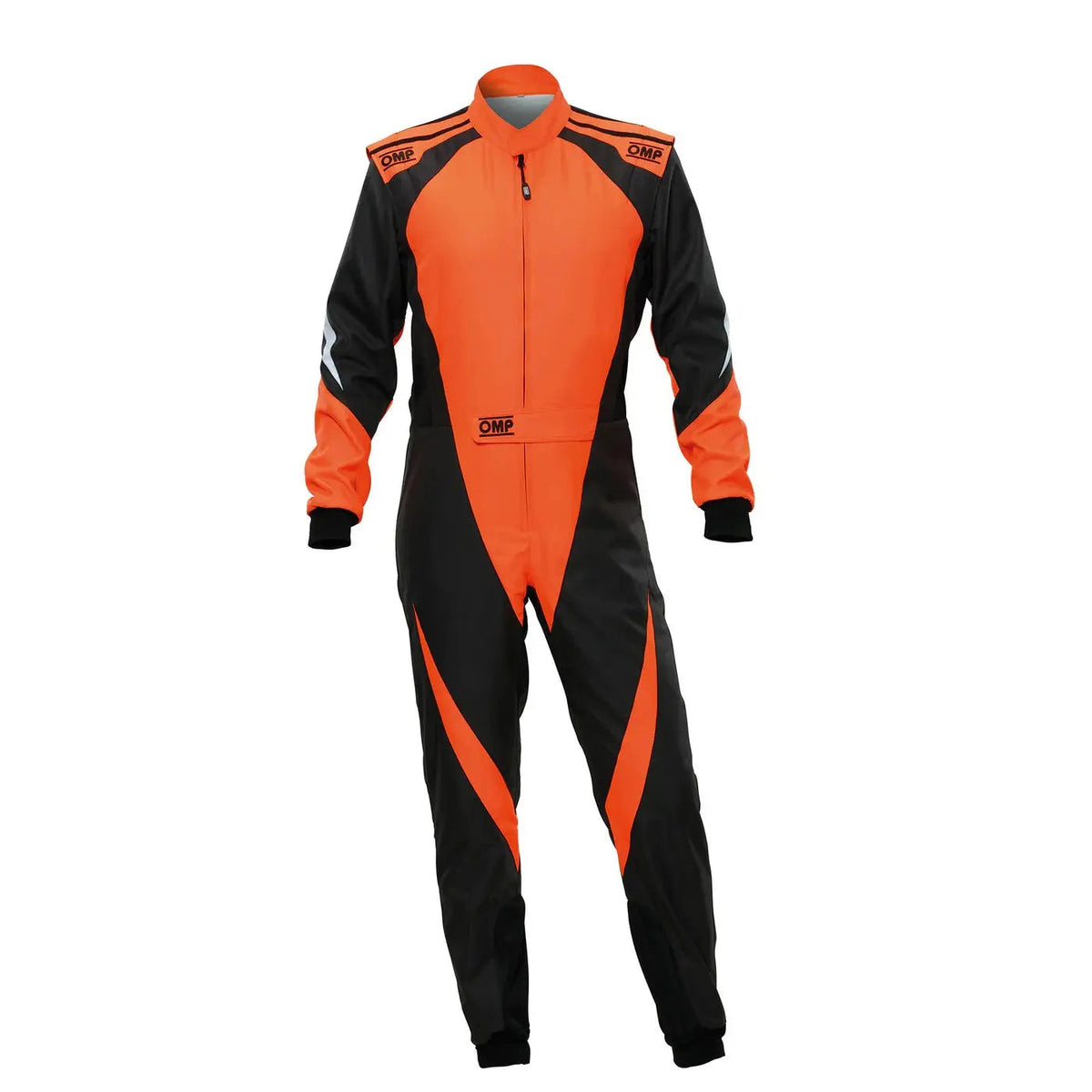 Front View of an Orange and black racing suit OMP Kart Suit KS-3X - FIA 88770 Riches Hue