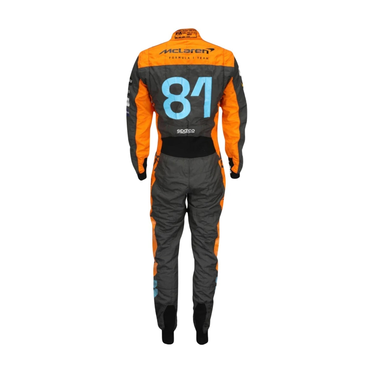 Rear view of Oscar Piastri’s 2023 race suit displaying signature elements and sleek design lines suited for high-speed performance.