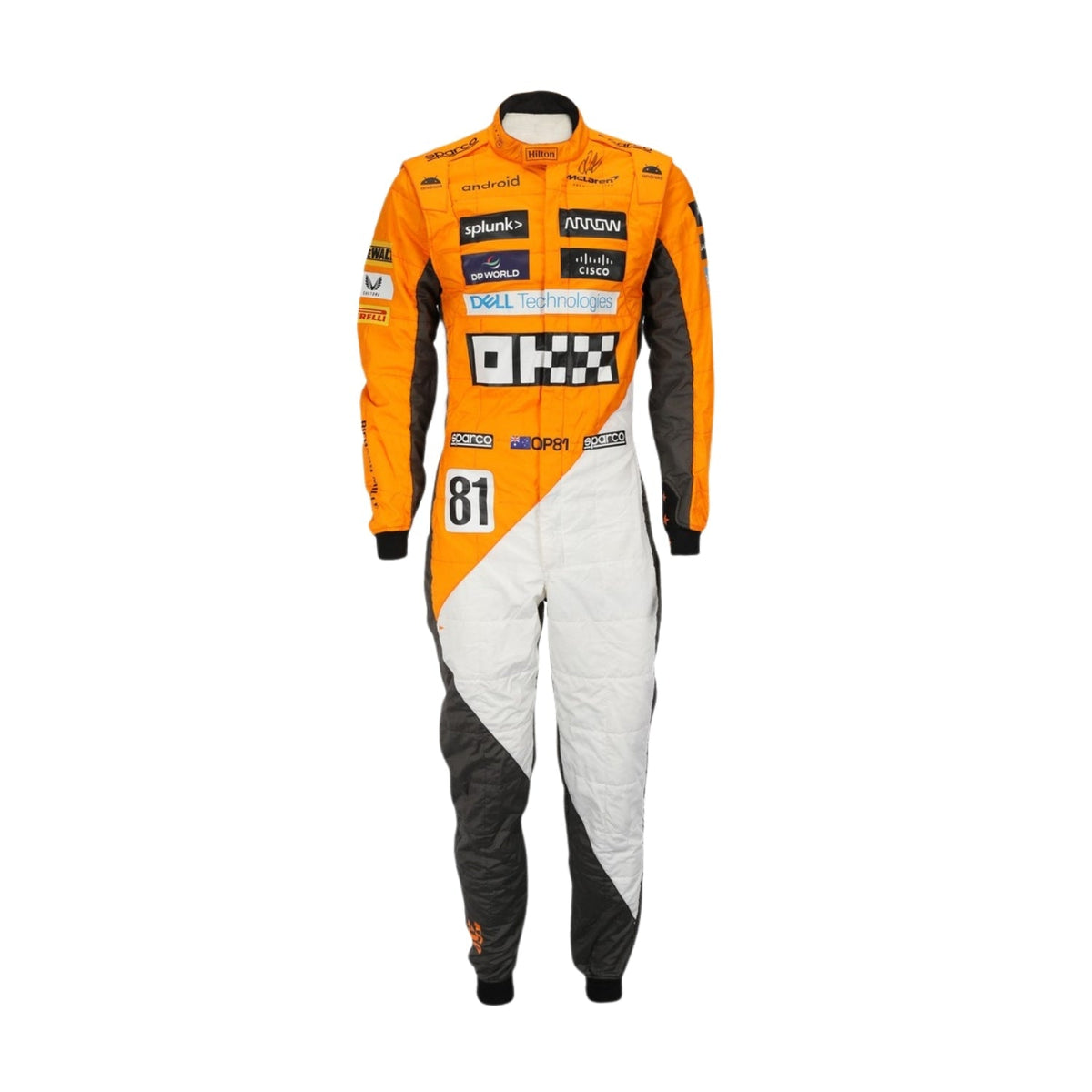 Oscar Piastri's 2023 Spanish GP racing suit featuring the striking ‘Triple Crown’ design with detailed branding and a vibrant visual aesthetic. Main image