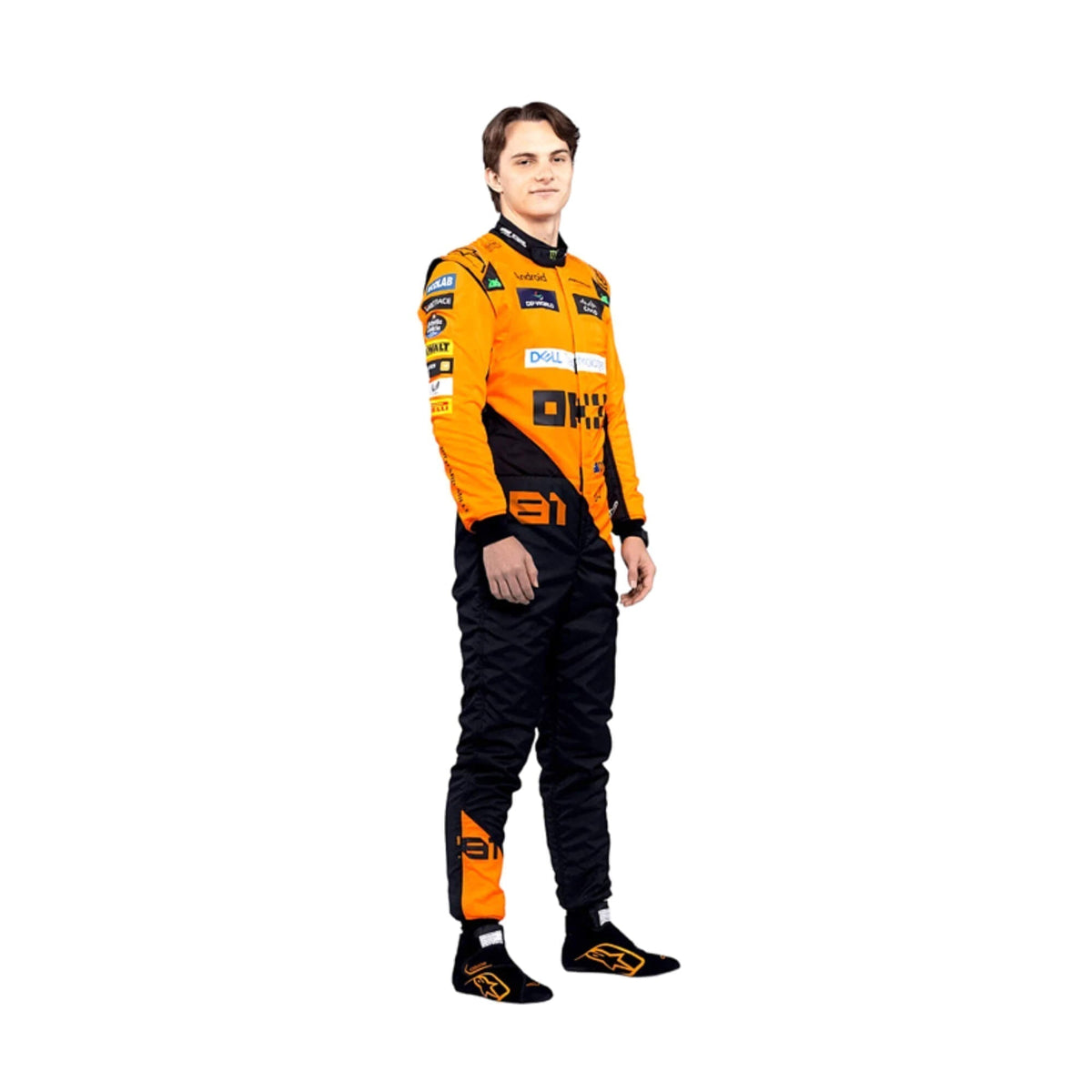 The Left side profile of Piastri's 2024 McLaren F1 racing suit, emphasizing the sharp lines and ergonomic fit, with sponsor placements on the arms and legs to ensure both visibility and flexibility during high-speed racing. Main image