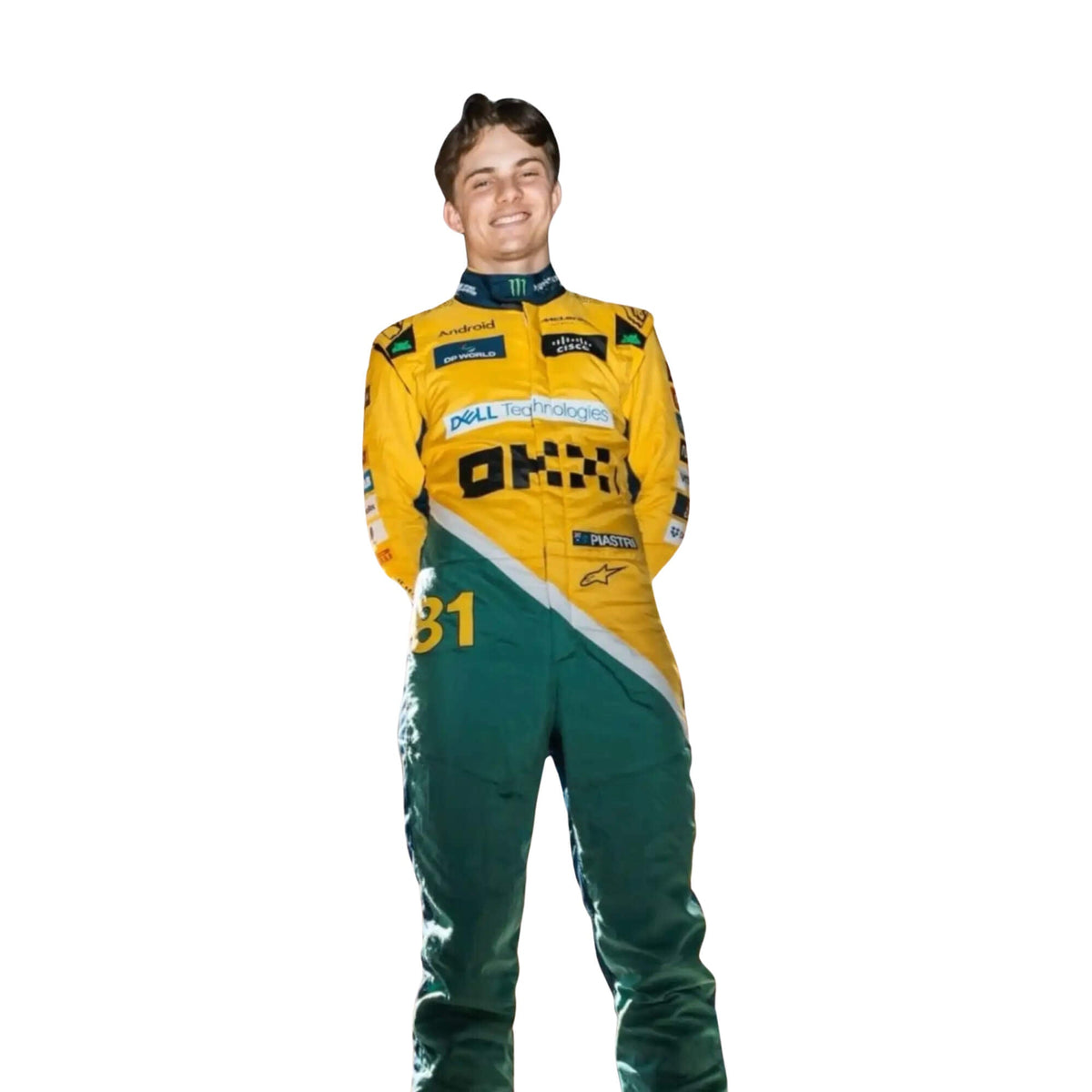 Oscar Piastri 2024 Monaco GP racing suit front view featuring vibrant papaya orange base, anthracite grey panels, and light blue highlights with visible sponsor logos. Main image