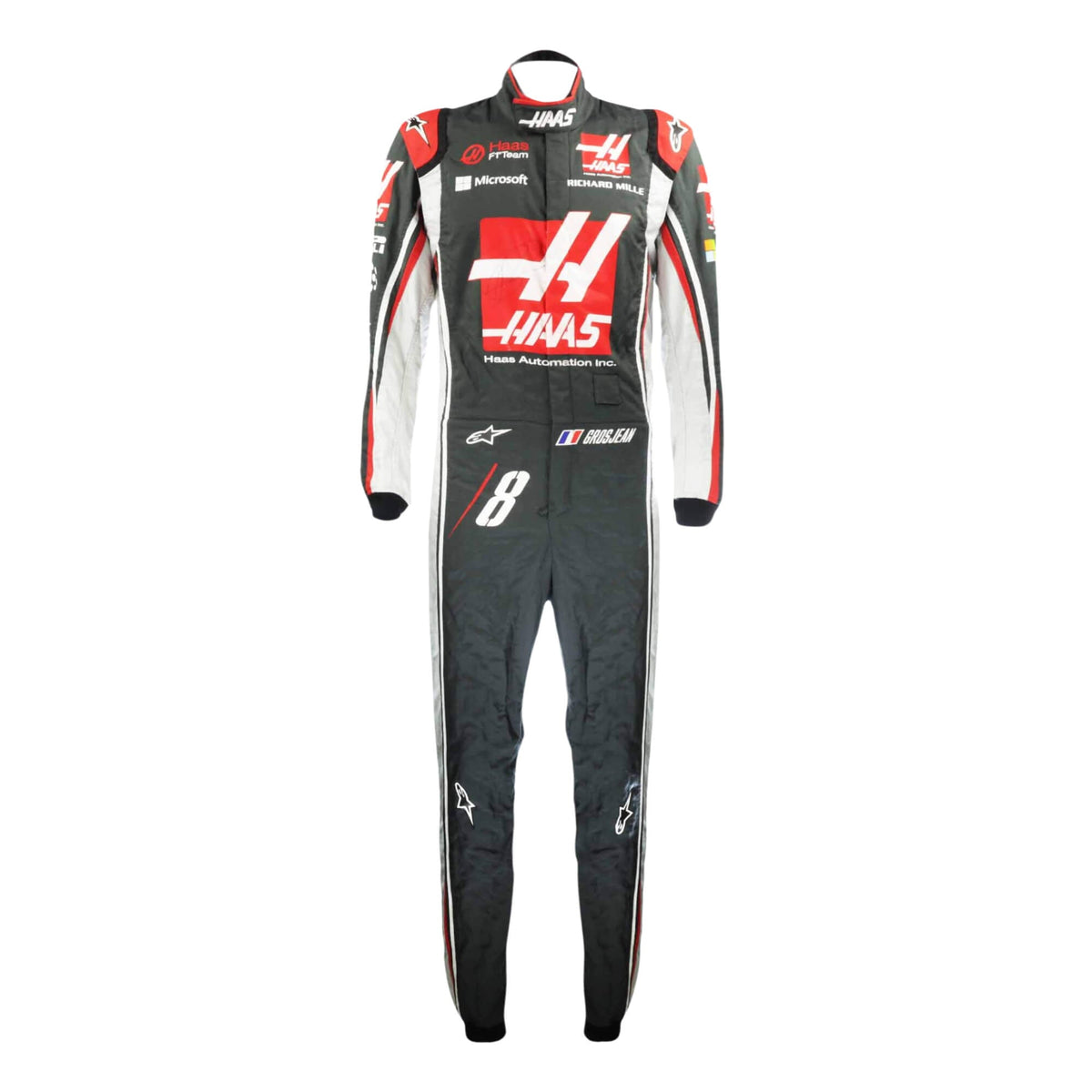 Romain Grosjean’s 2017 F1 racing suit, front view, showcasing embroidered sponsor logos, and performance-driven design tailored for racing. Main image