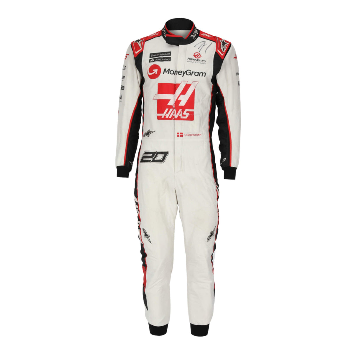 Kevin Magnussen’s 2017 signed Grand Prix F1 racing suit, front view, with embroidered sponsor logos and a sleek, performance-oriented design. Main image