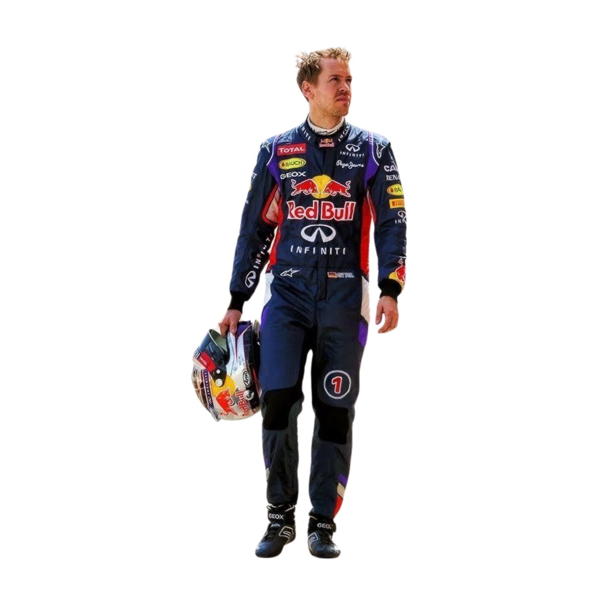 Front view of Sebastian Vettel’s 2014 F1 racing suit featuring deep blue with vibrant red and yellow accents, symbolizing energy and speed from speedxgear Main image