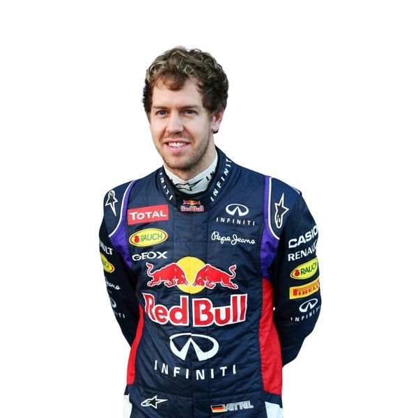 Close-up of Sebastian Vettel’s 2014 racing suit fabric, showing deep blue color combined with red and yellow sponsor logos and stitching.