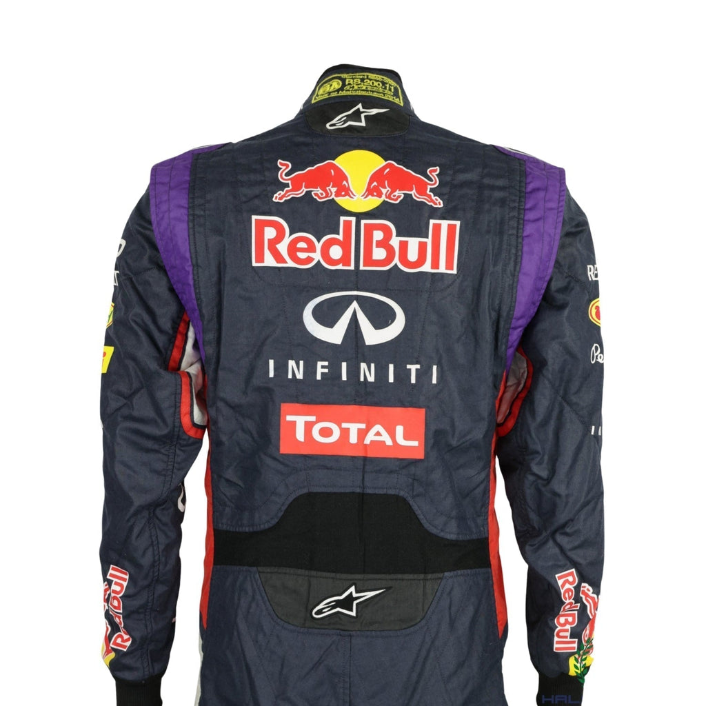 Back view of the 2014 racing suit worn by Sebastian Vettel, showcasing a bold deep blue base with red and yellow design highlights.
