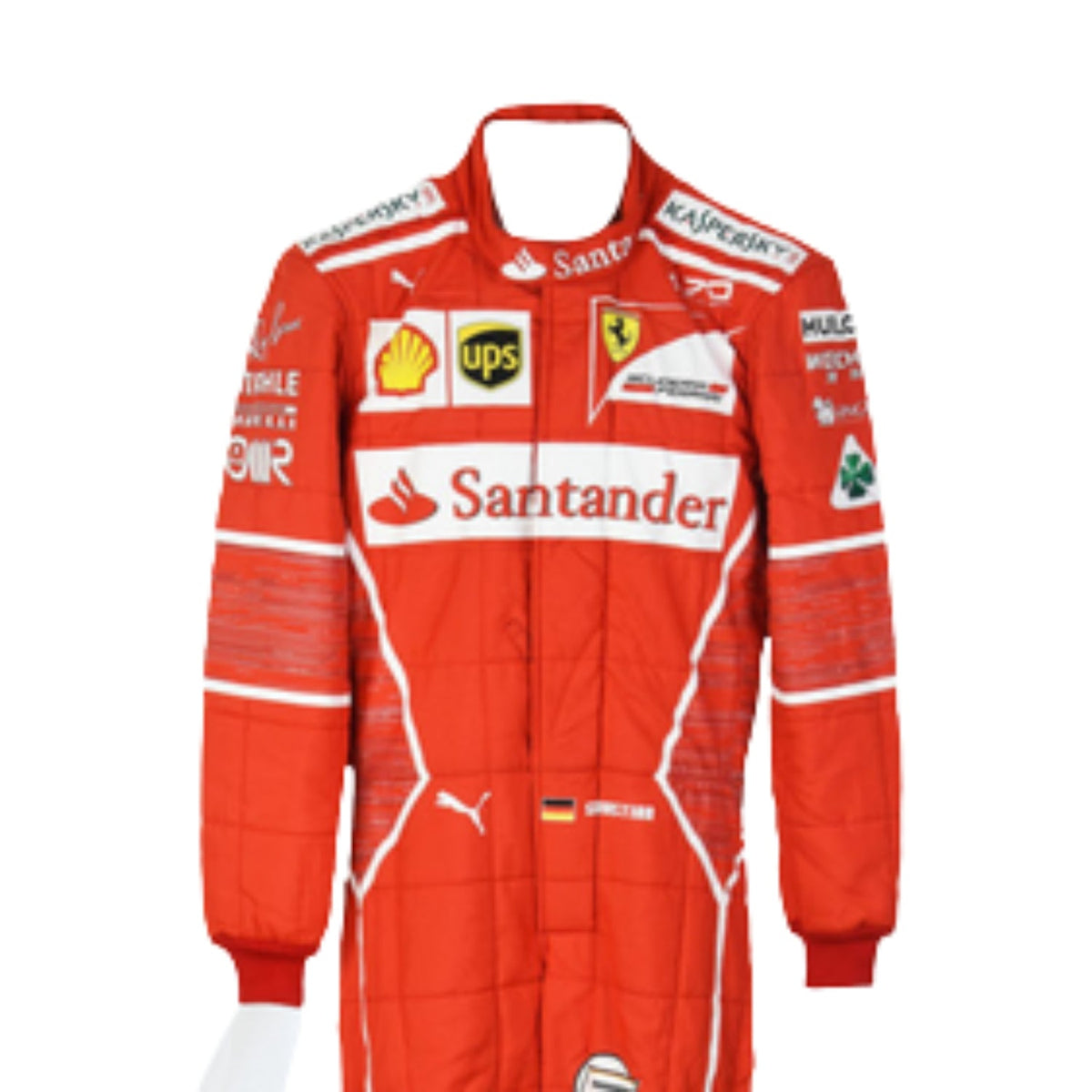 Close-up of Sebastian Vettel’s 2017 racing suit, highlighting the premium red material, detailed stitching, and crisp white sponsorship marks.