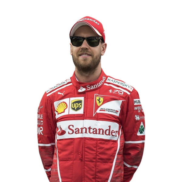 Close-up of Sebastian Vettel’s 2017 racing suit, highlighting the premium red material, detailed stitching, and crisp white sponsorship marks.