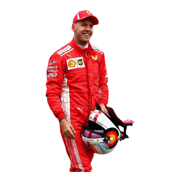 Sebastian Vettel 2018 F1 racing suit – sleek and iconic design with detailed race-day styling, popular among motorsport collectors.