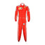 Front view of Sebastian Vettel’s 2018 F1 racing suit featuring a vibrant red color with sharp white sponsor logos, designed for top-tier performance.