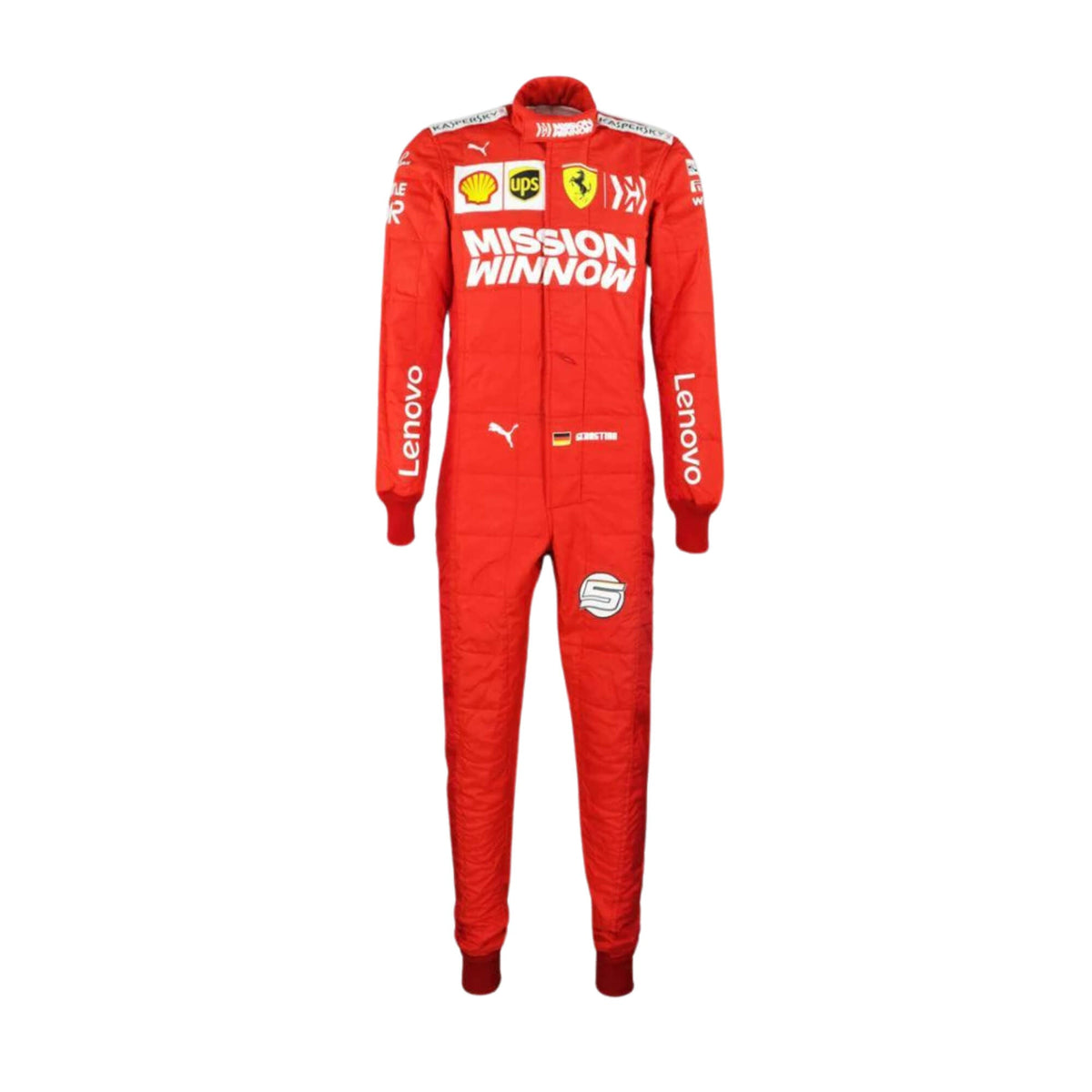 Front view of Sebastian Vettel 2019 F1 racing suit – sleek design with signature race-day details. Main image