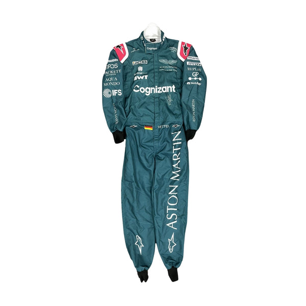 2021 Sebastian Vettel F1 Racing Suit Front View, Green Design, Embroidered Logos, Full Zipper Closure
