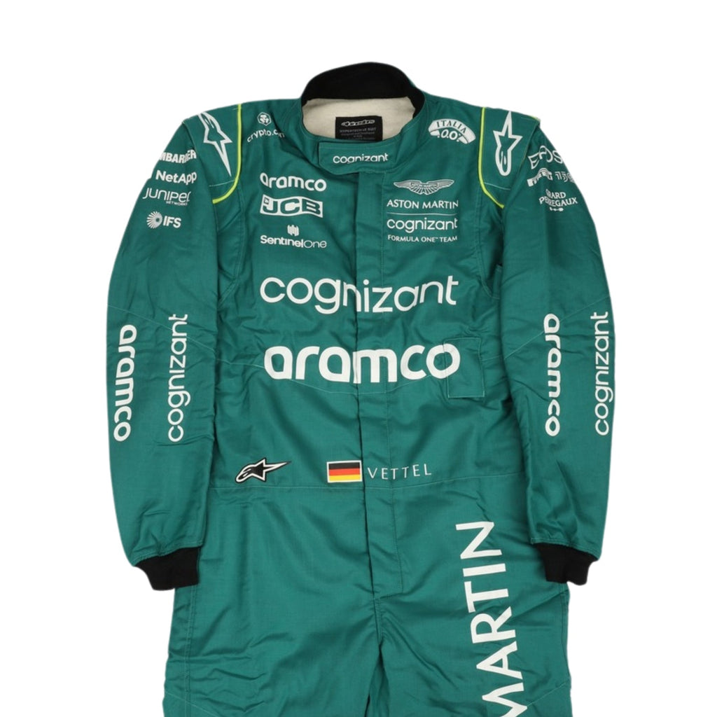 Close up Front view of Sebastian Vettel's 2022 F1 racing suit in British racing green with lime accents, highlighting the ergonomic design