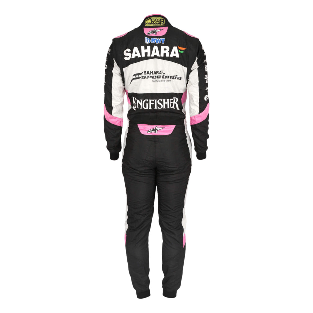 Back view of Sergio Perez 2017 racing suit showing name placement, number design, and multi-logo layout
