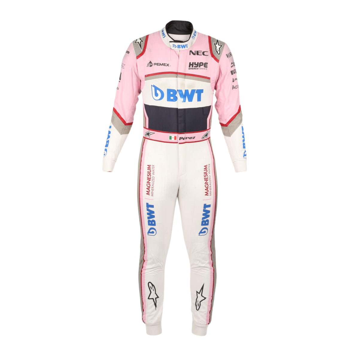 Sergio Perez’s 2018 F1 racing suit, front view, showcasing sponsor logos, high-performance design, and a custom fit for track performance.