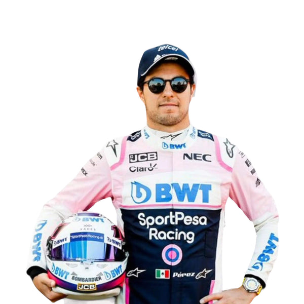 Sergio Perez 2019 F1 suit – front close up view showcasing a bold and dynamic race-ready design