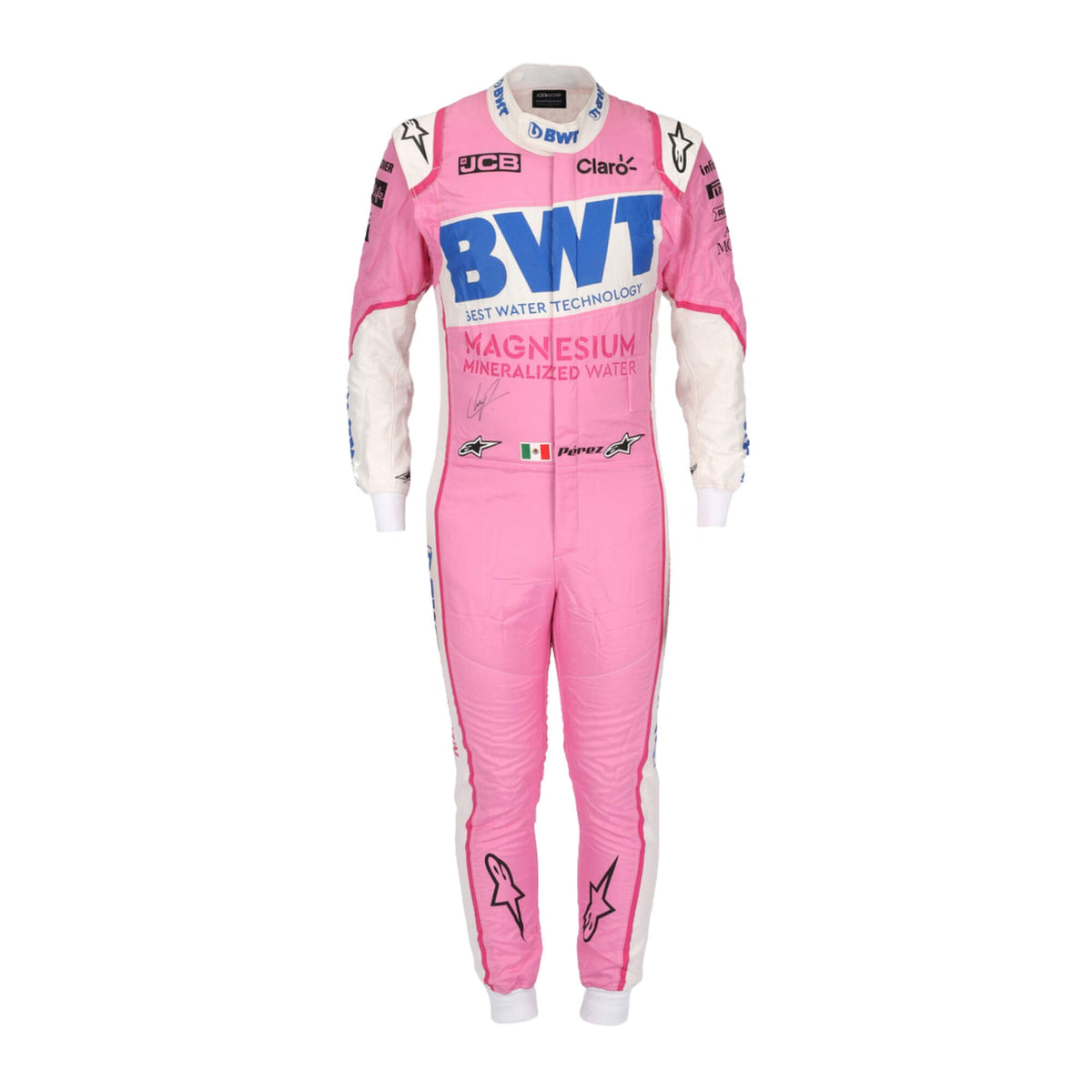 Sergio Perez 2020 Racing Point F1 suit – front view showcasing the distinctive pink and green design Main image