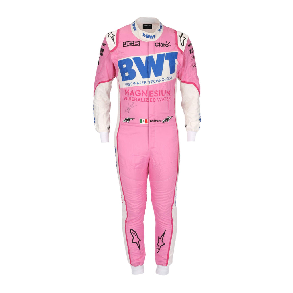 Sergio Perez 2020 Racing Point F1 suit – front view showcasing the distinctive pink and green design