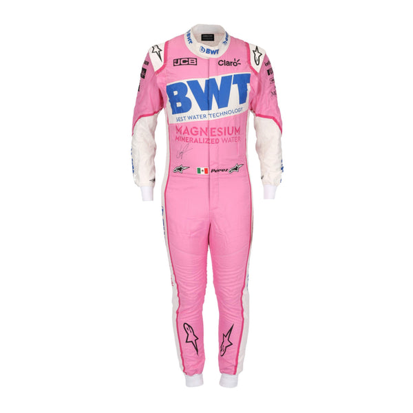 Sergio Perez 2020 Racing Point F1 suit – front view showcasing the distinctive pink and green design