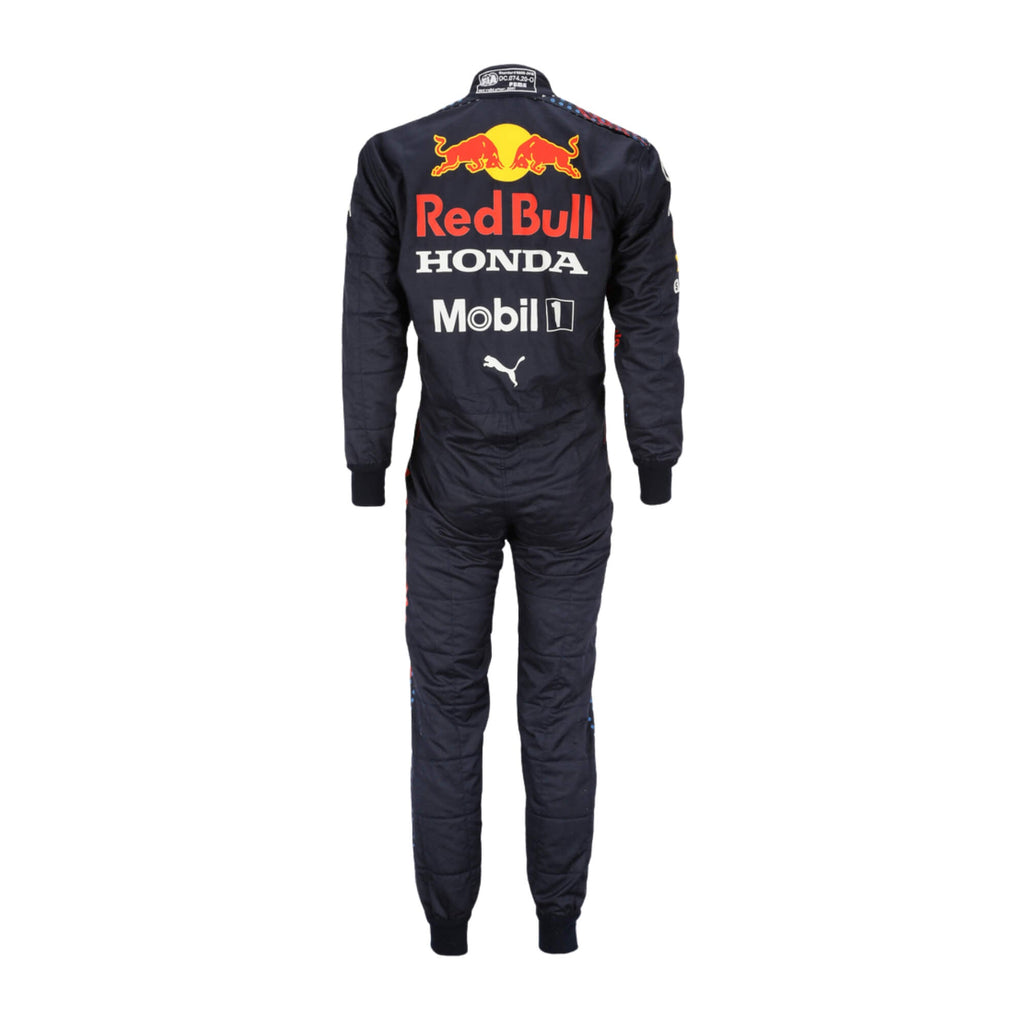 Rear view of Sergio Perez 2021 F1 Racing Suit showcasing the suit's flexibility and breathable design. The placement of sponsor logos and design accents are visible in this view, providing a complete look at the suit's functionality.