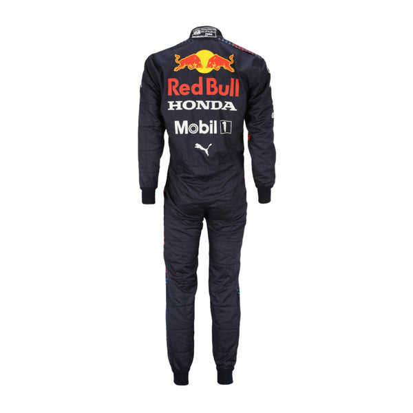 Rear view of Sergio Perez 2021 F1 Racing Suit showcasing the suit's flexibility and breathable design. The placement of sponsor logos and design accents are visible in this view, providing a complete look at the suit's functionality.