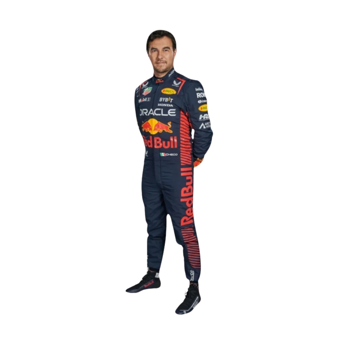 Sergio Perez wearing the 2023 racing suit featuring navy blue as the base color with vibrant red and yellow detailing, aerodynamic fit, and personalized branding elements. Main image
