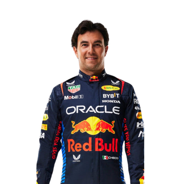 Close-up shot of the Sergio Perez 2024 F1 racing suit's fabric, showing the smooth, high-quality texture and precision stitching used for durability and comfort