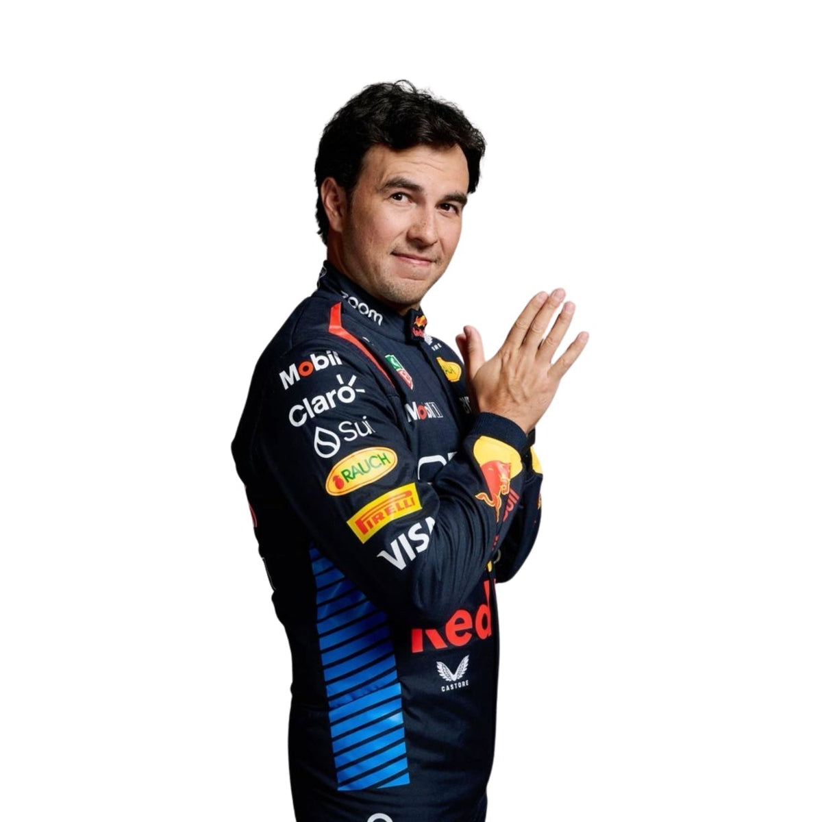 Close-up right side shot of the Sergio Perez 2024 F1 racing suit's fabric, showing the smooth, high-quality texture